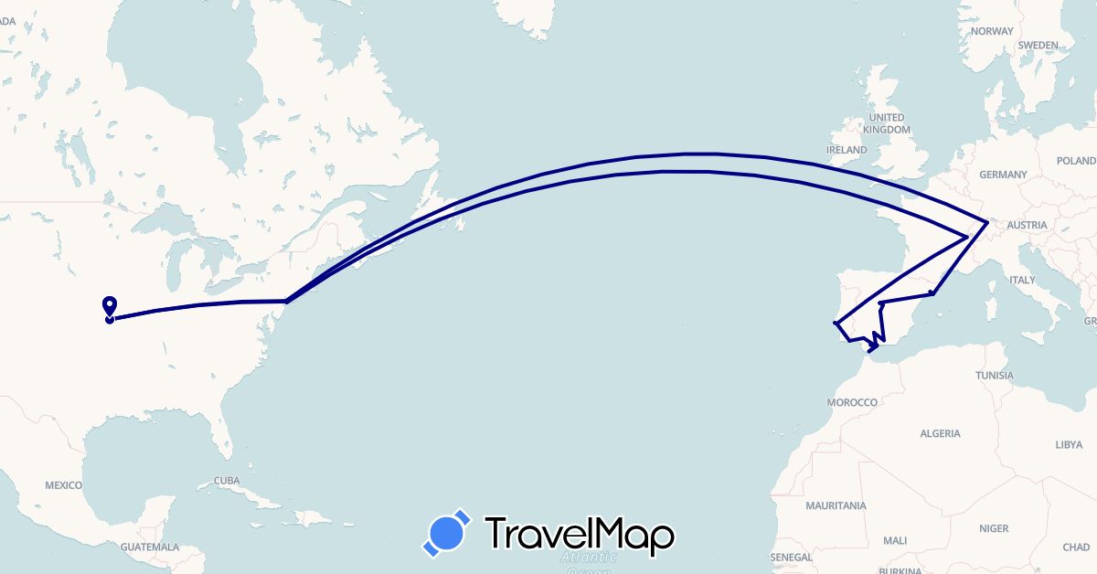TravelMap itinerary: driving in Switzerland, Spain, Gibraltar, Portugal, United States (Europe, North America)