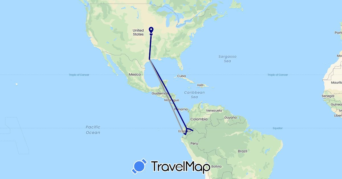 TravelMap itinerary: driving, plane in Ecuador, United States (North America, South America)